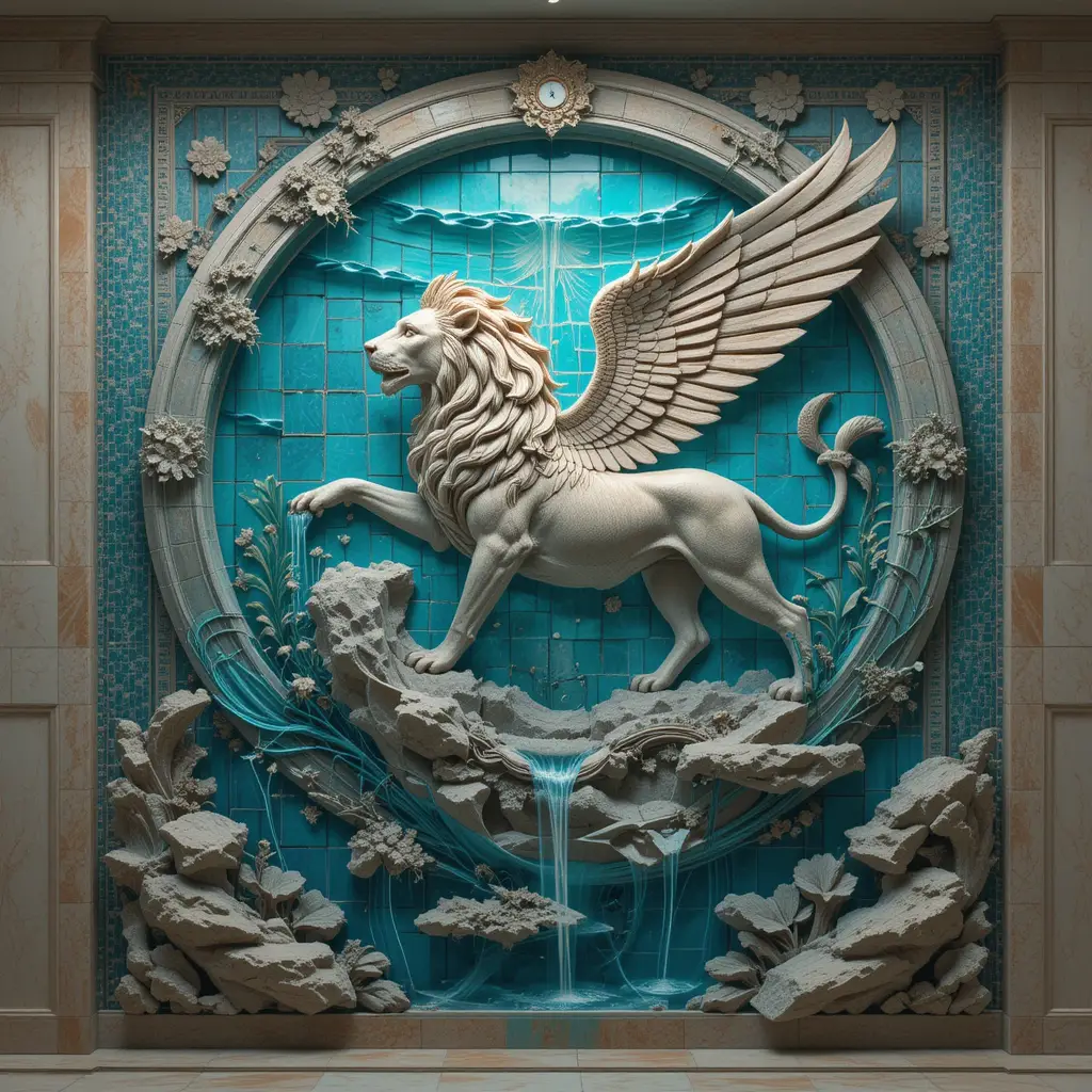 Winged Lion Wall Fountain With Greek Inspired Mural