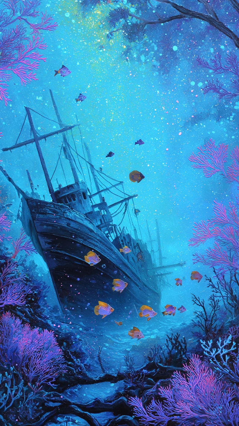 ブラックライトに光る沈没船と熱帯魚