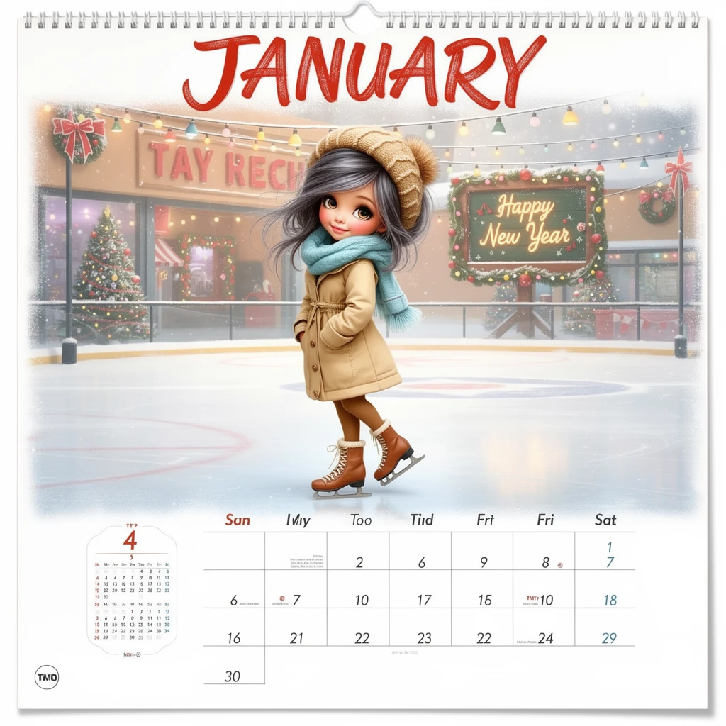 Young girl ice skating on a festive January calendar