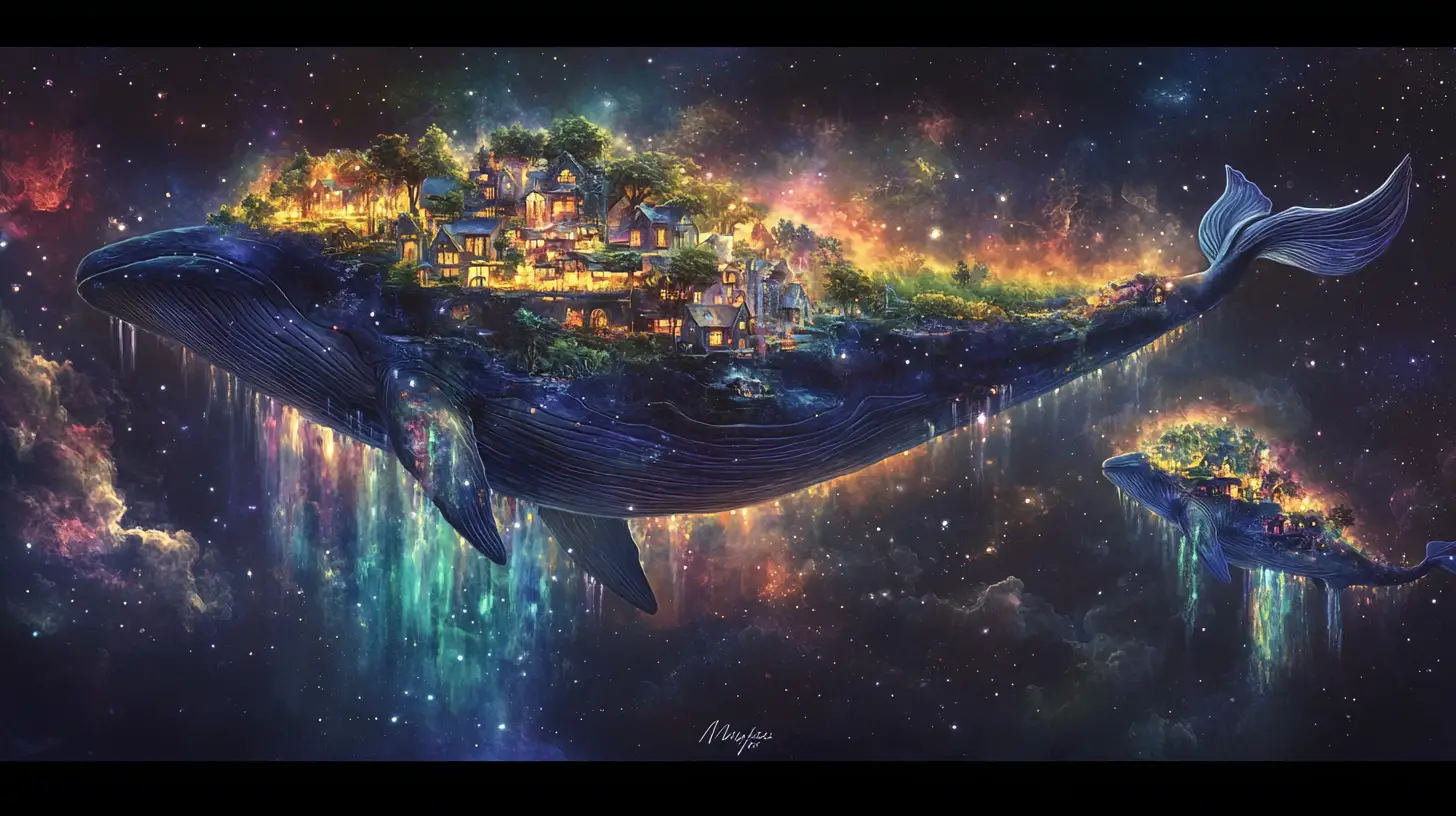 Ethereal Space Whale Carrying A Floating World