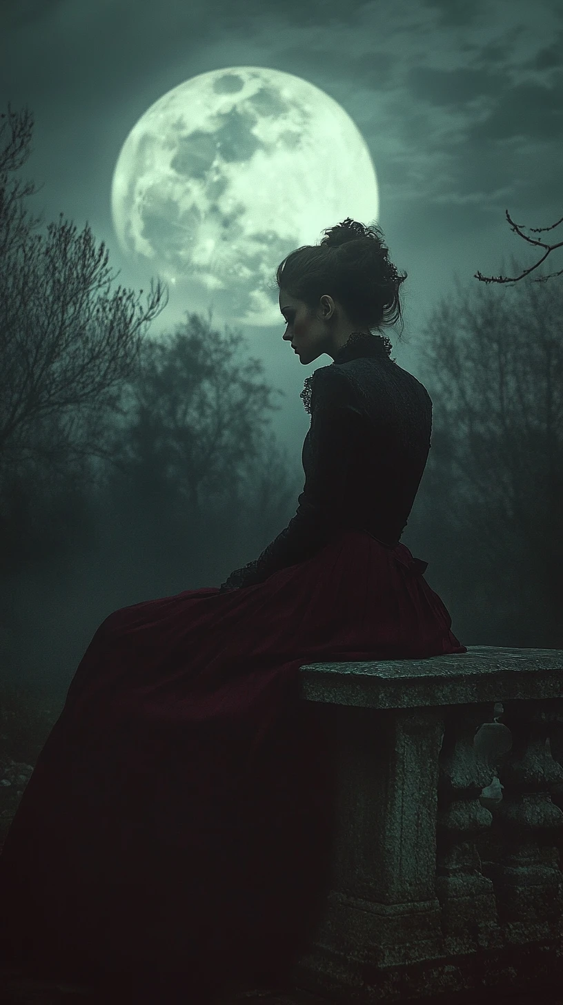 Woman in dark dress on a stone bench under the moon