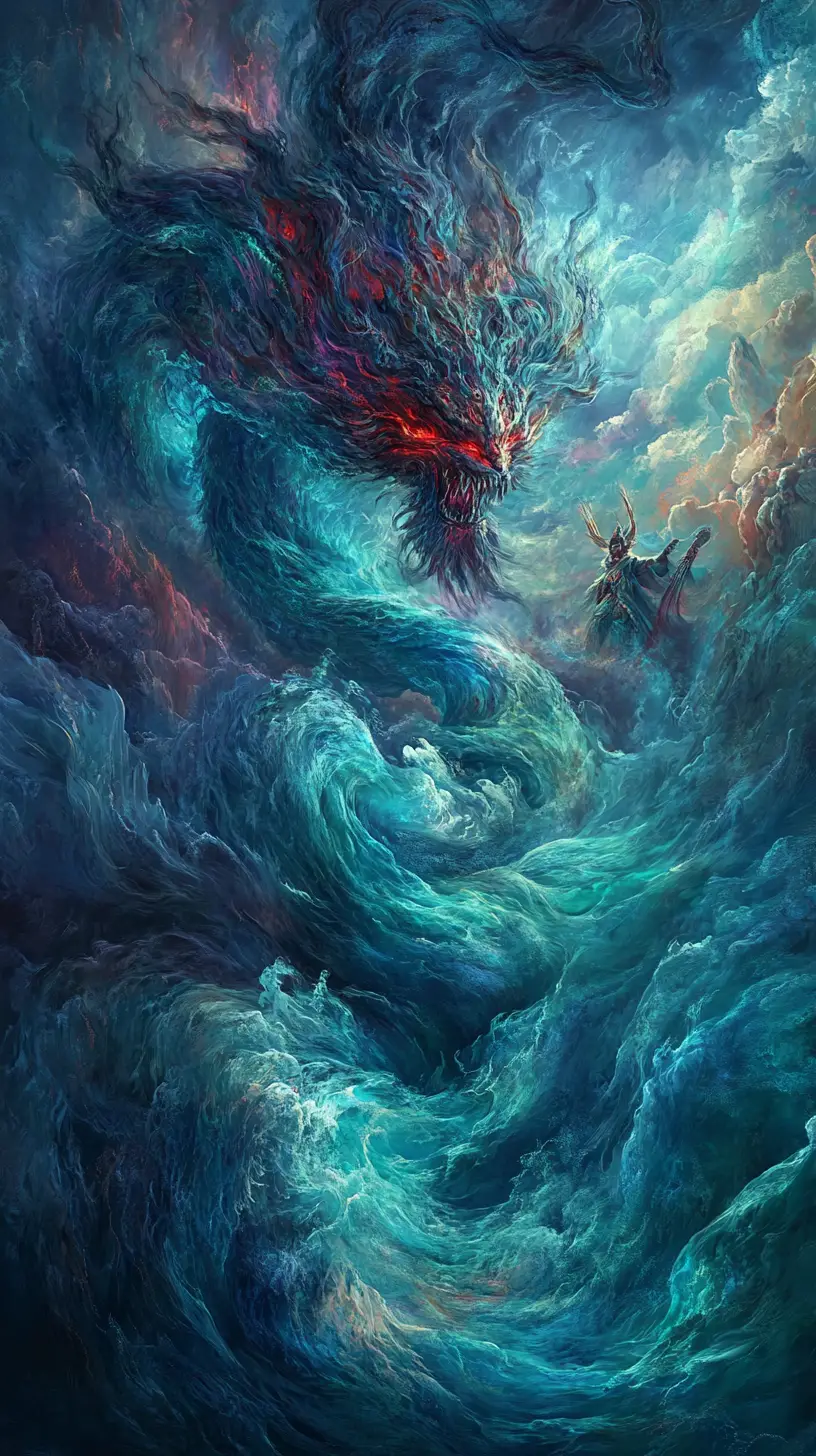 Primordial sea goddess rises from stormy cosmic ocean