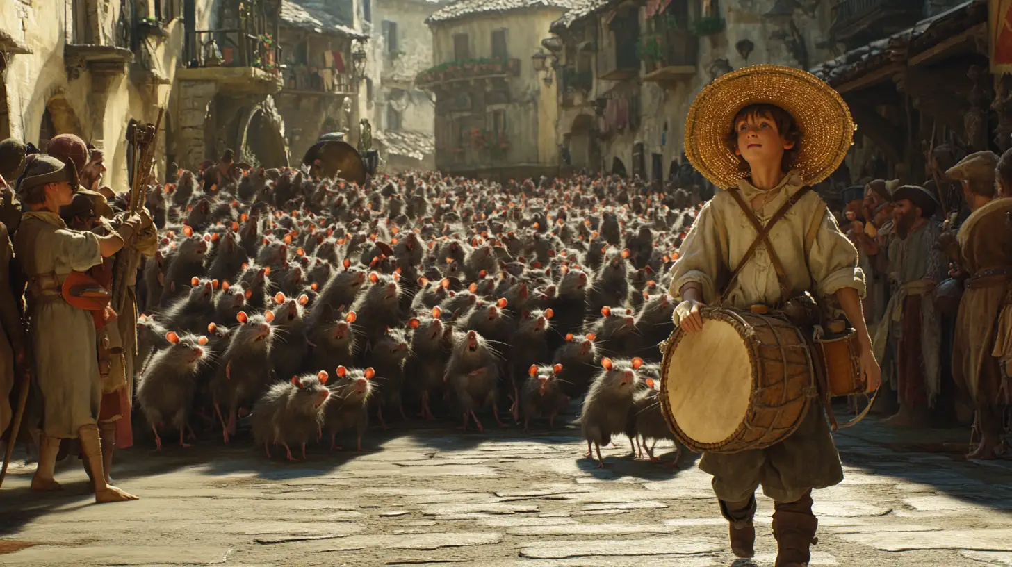 Niño con tambor guiando ratas por una calle medieval