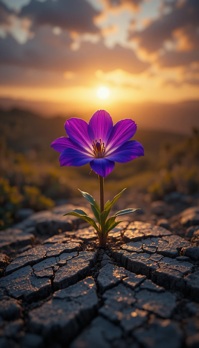 Fiore viola che sboccia da una pietra crepata all’alba