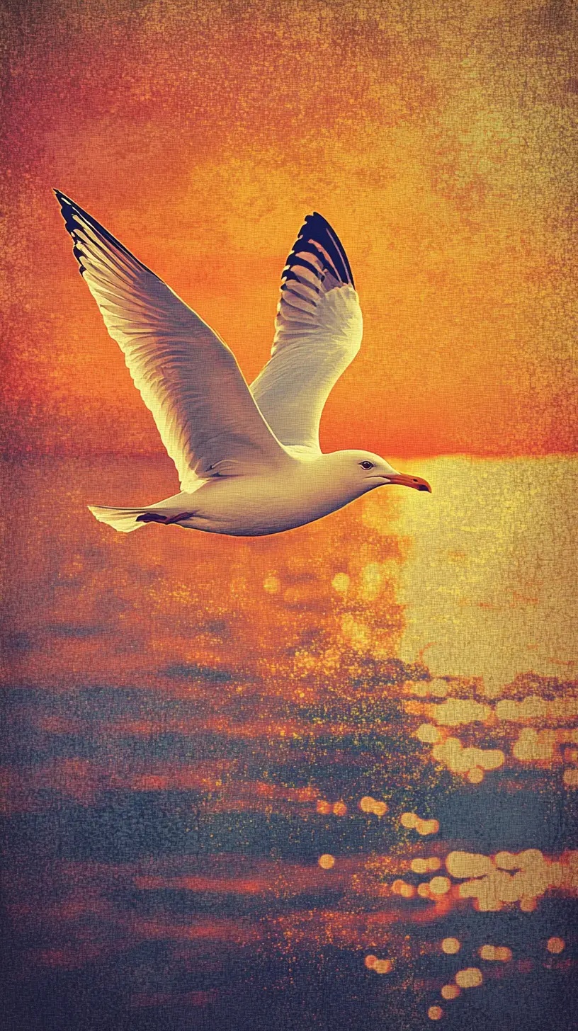 White seagull flying over the ocean at sunset