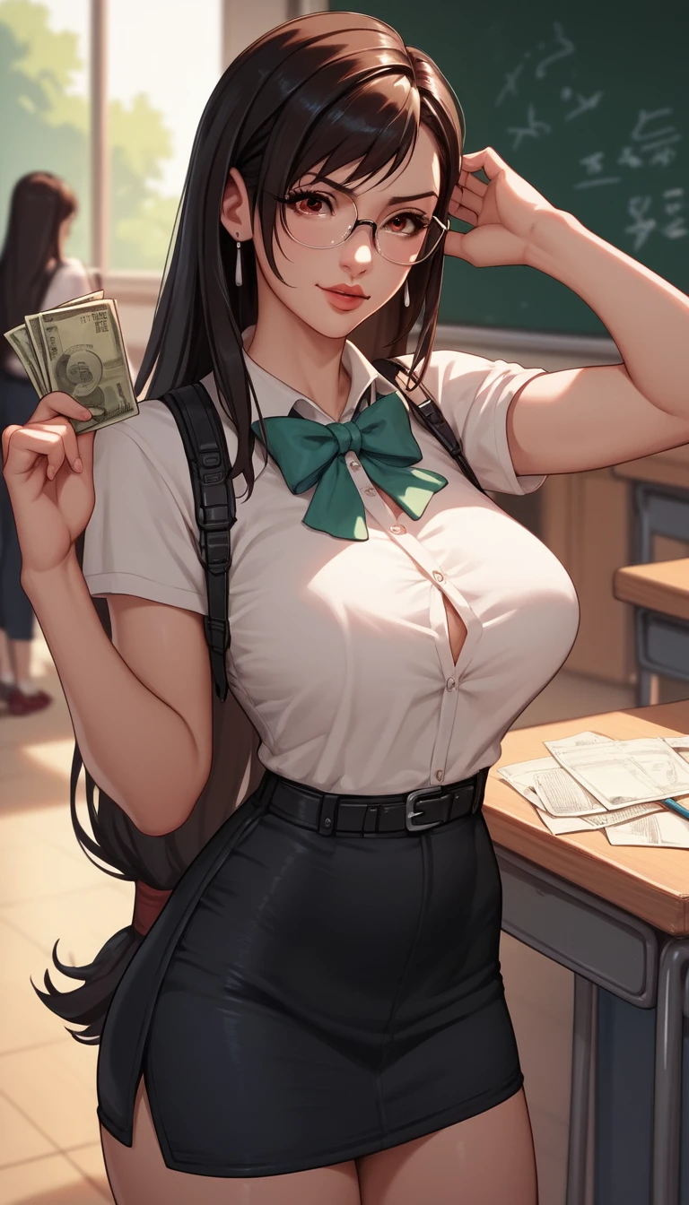 Anime teacher with glasses in a school classroom