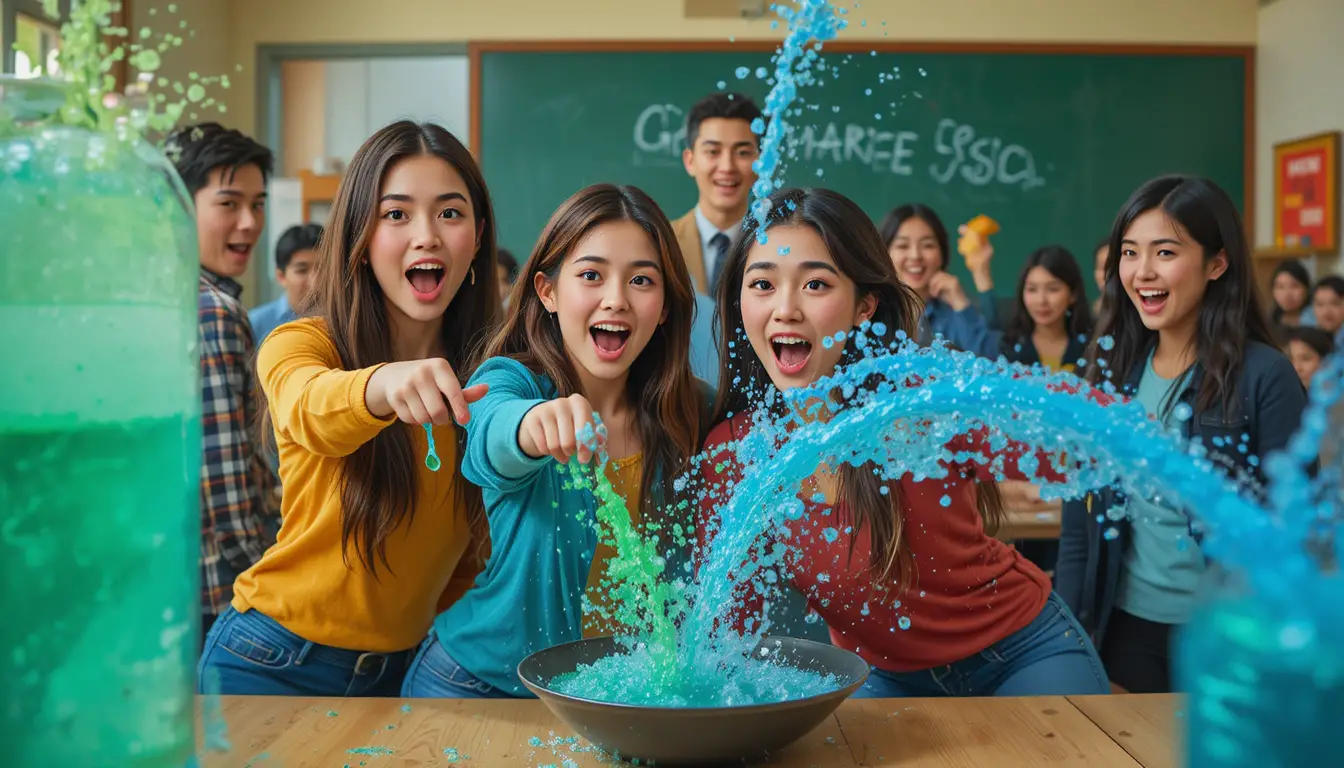 Students Laughing Around Spraying Water Cooler In Classroom
