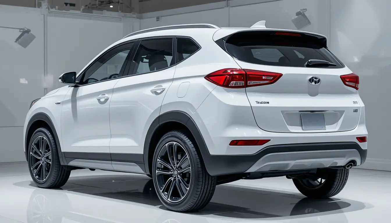Rear view of white suv in modern car showroom