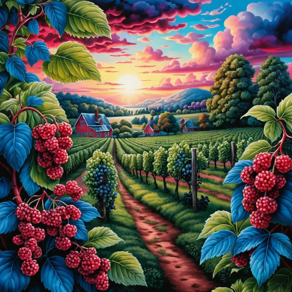 Surreal Sunrise Over Elderberry Plantation In Bold Cartoon Style