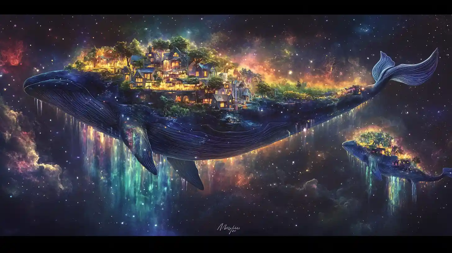 Ethereal Space Whale Carrying A Floating World