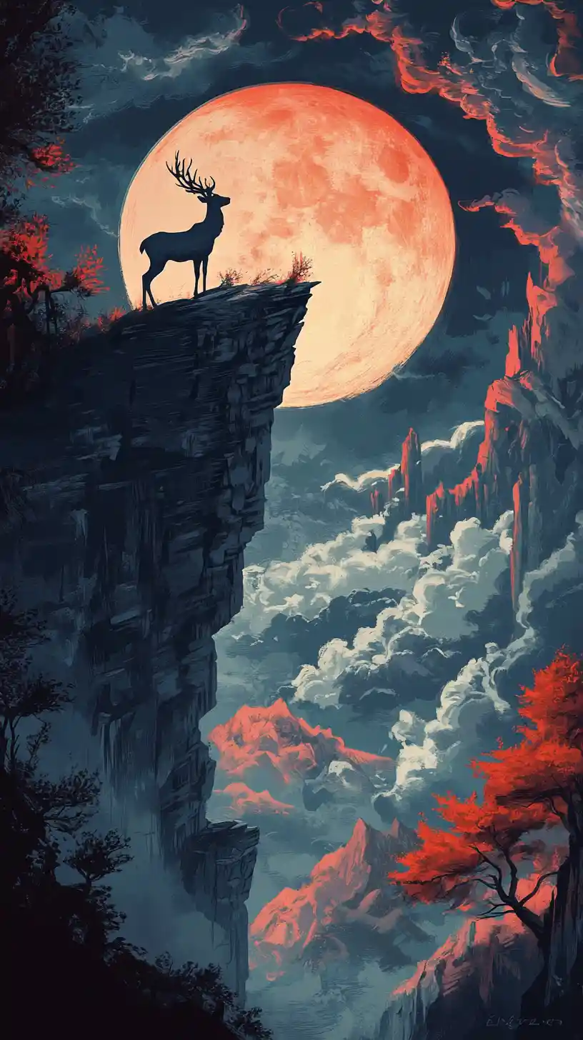 Deer On A Cliff Beneath A Glowing Fantasy Moon