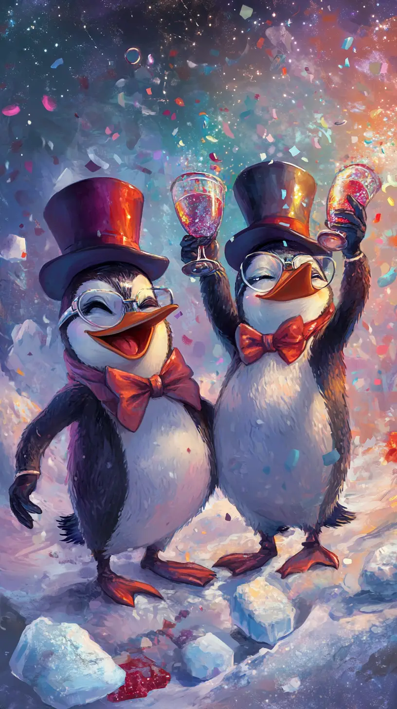 Dressed up penguins toasting on an antarctic ice floe