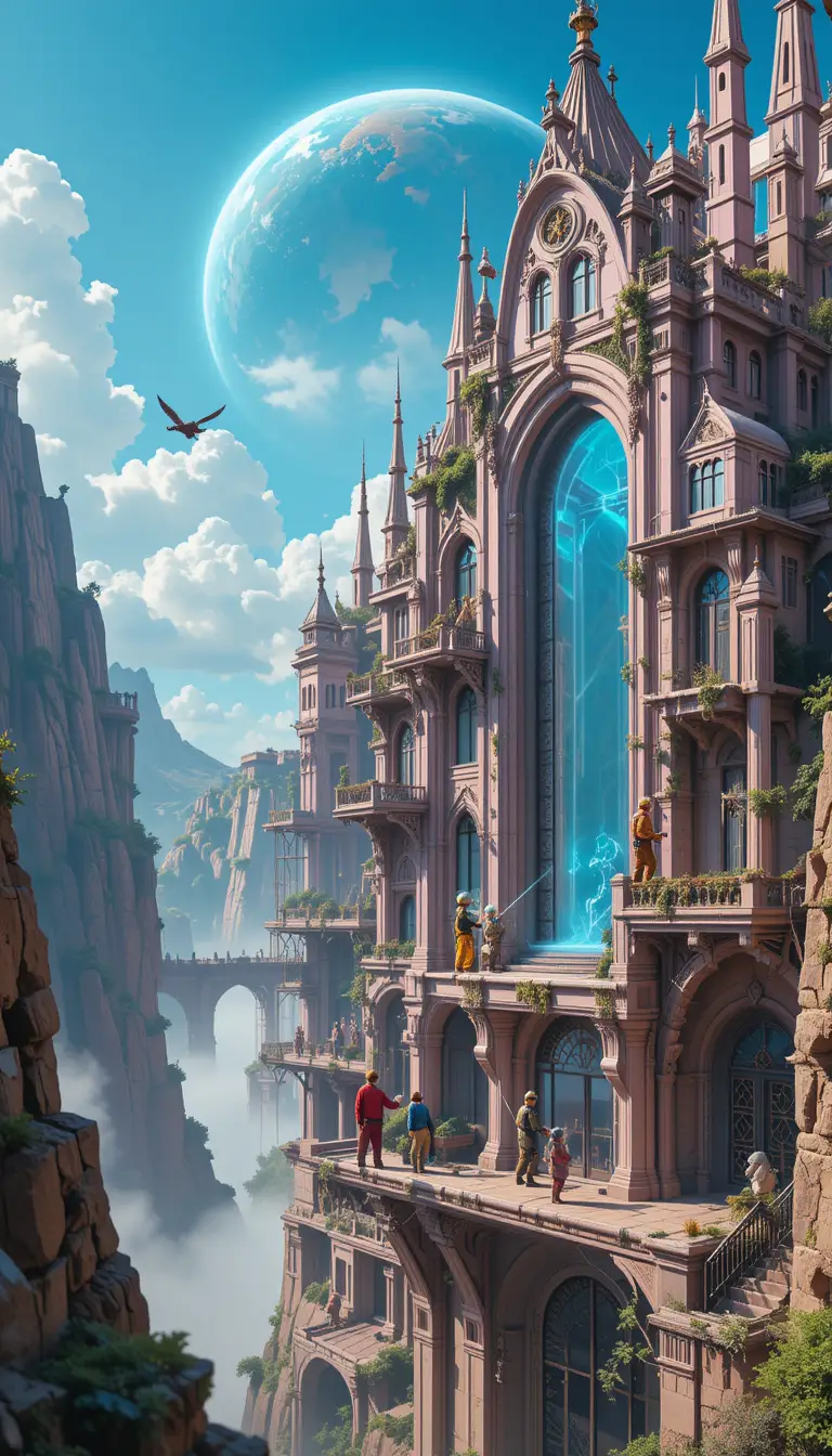 Surreal floating rustic windows with black sails in blue sky
