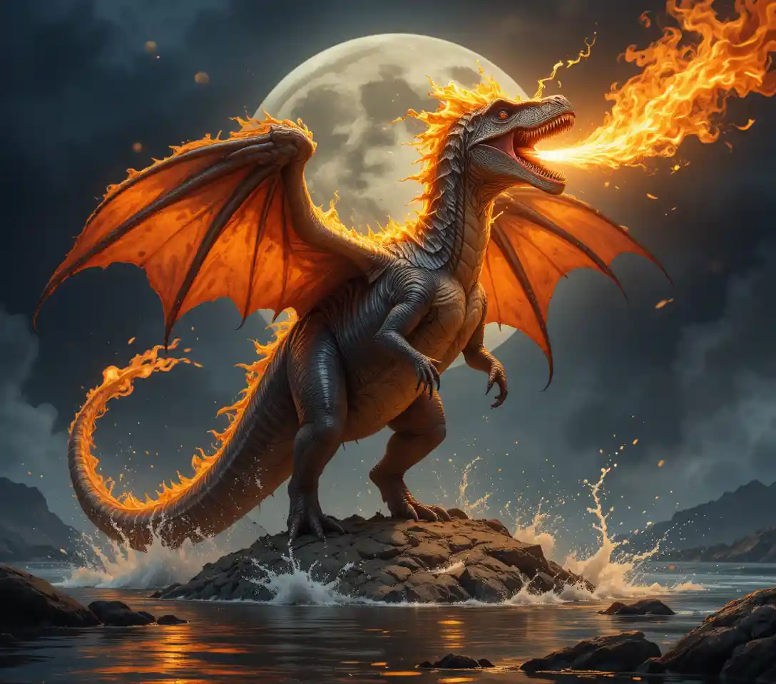 Dragón alado en llamas escupiendo agua bajo la luna