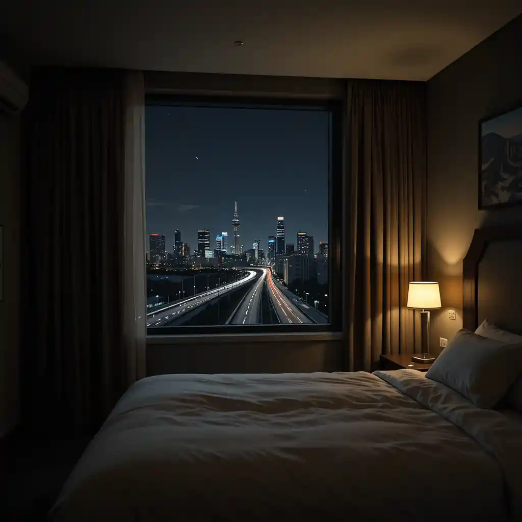 Chambre d'hôtel sombre avec une seule lampe et vue sur la ville par la fenêtre