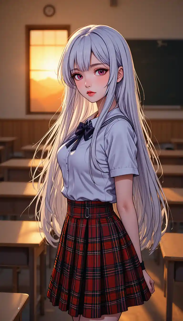 Ragazza anime dai capelli bianchi in uniforme scolastica in aula al tramonto