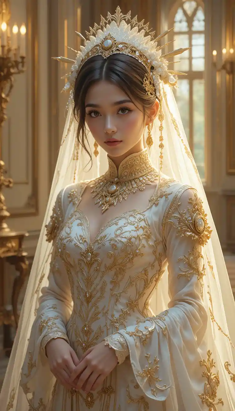 Elegant woman in white and gold costume in candlelit room