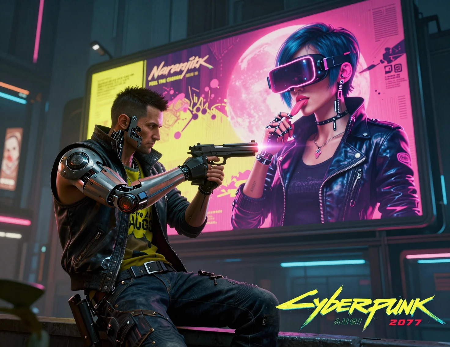 Augmented man aiming gun in neon cyberpunk city