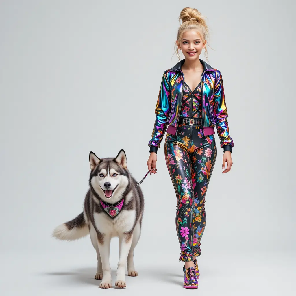 Happy blond woman walking with husky on white background