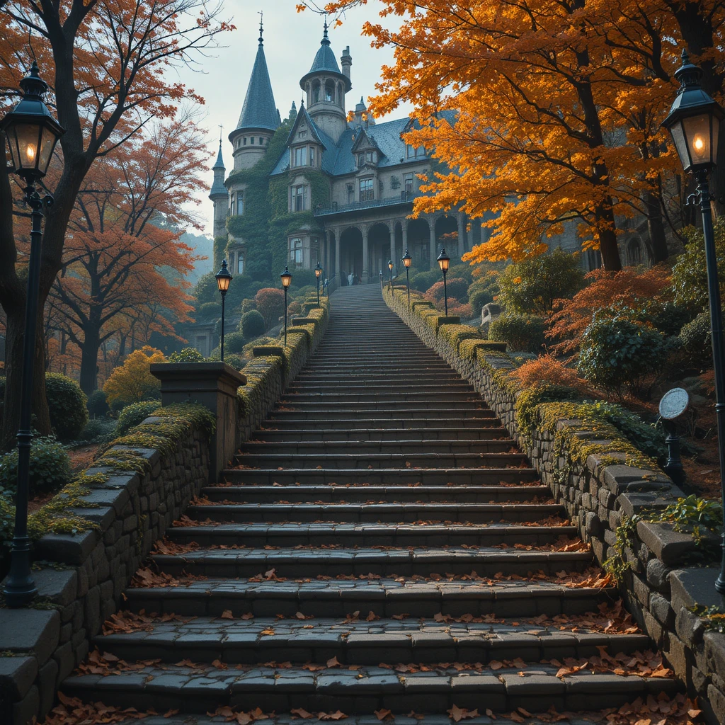 Autumn stone steps leading to an ivy covered gothic castle