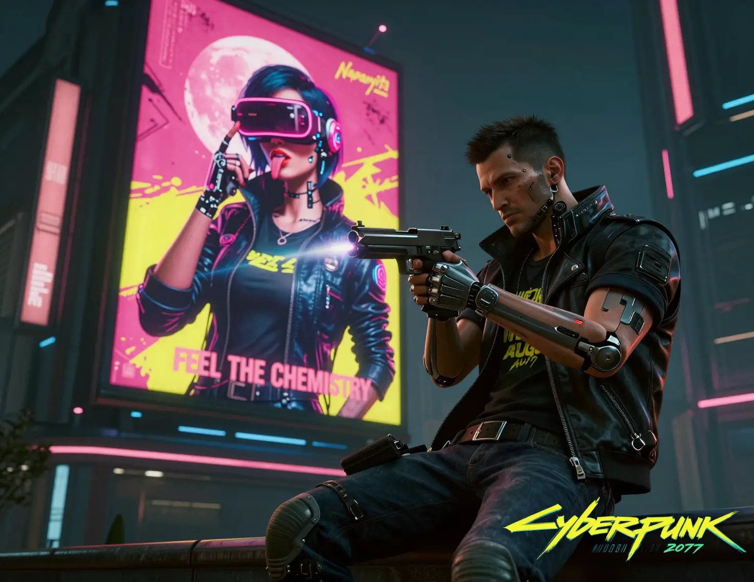 Augmented man aiming energy gun in neon city street
