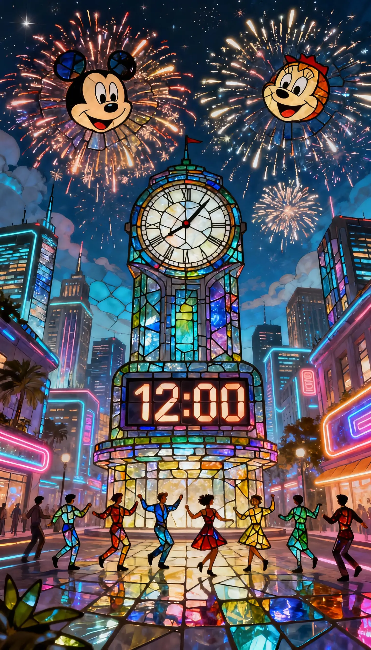 Futuristic city skyline with stained glass countdown clock