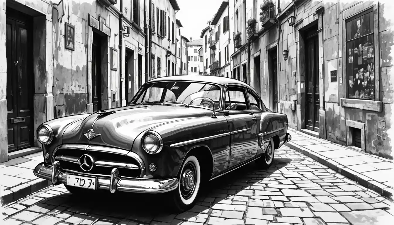 Skizze eines Oldtimers in einer kopfsteingepflasterten europäischen Gasse
