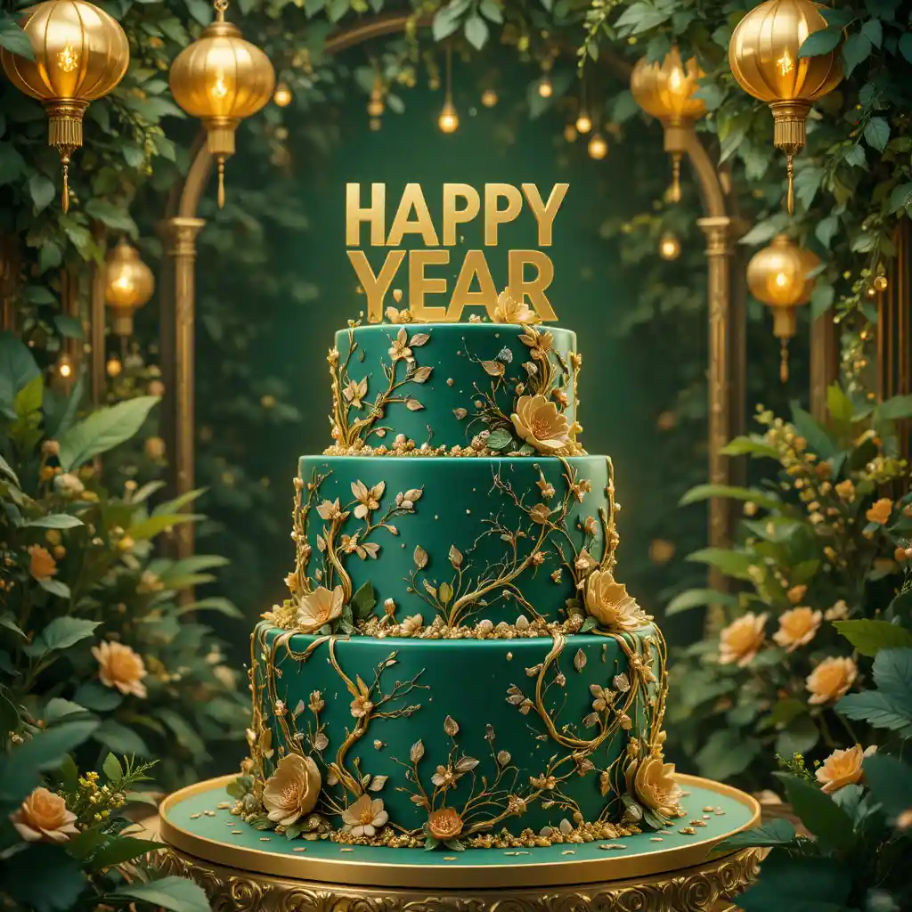 Torta di Capodanno smeraldo e oro con decorazioni festive da giardino