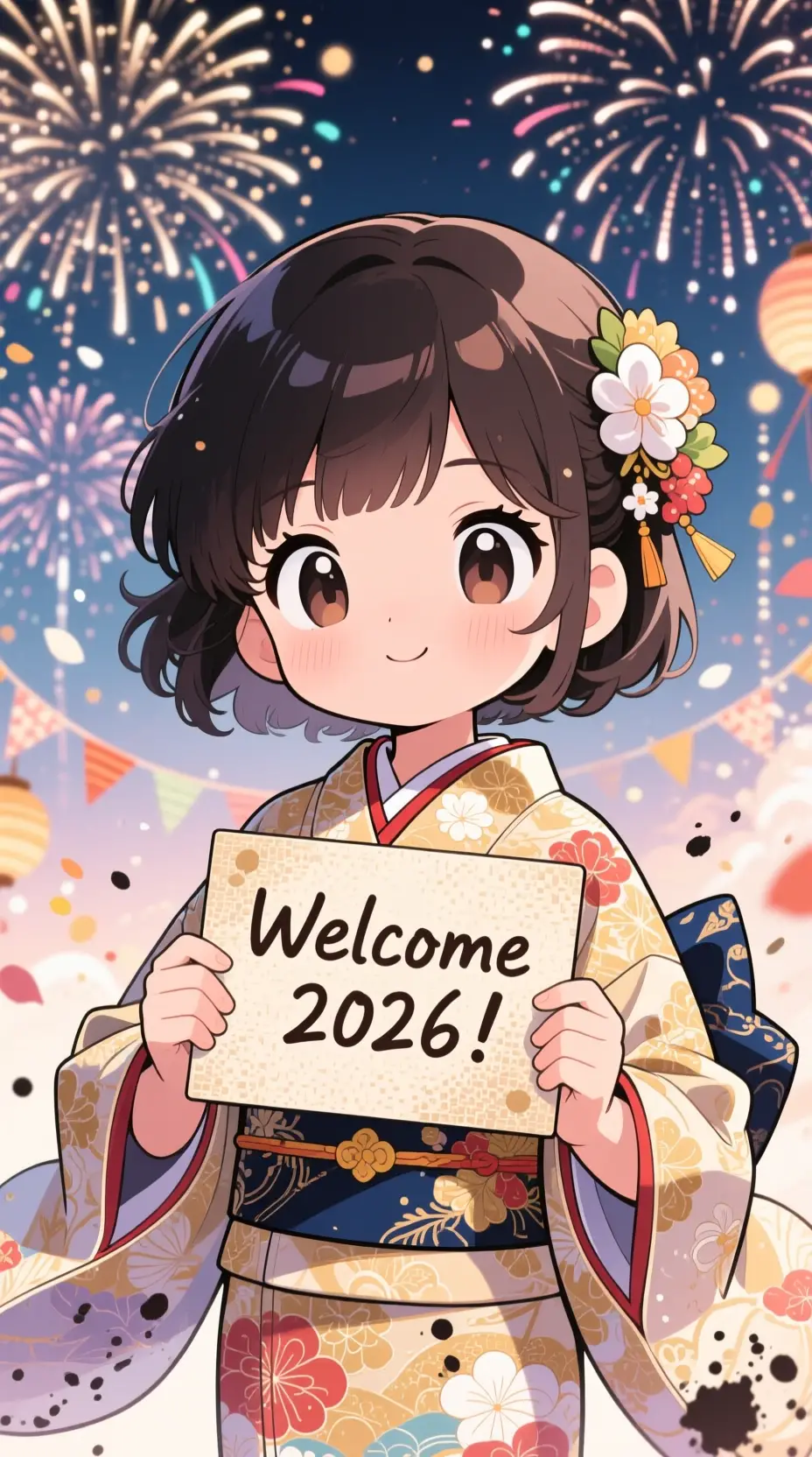 Chibi anime girl in kimono holding welcome 2026 card