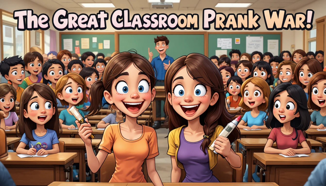 Laughing students in a colorful cartoon classroom prank scene