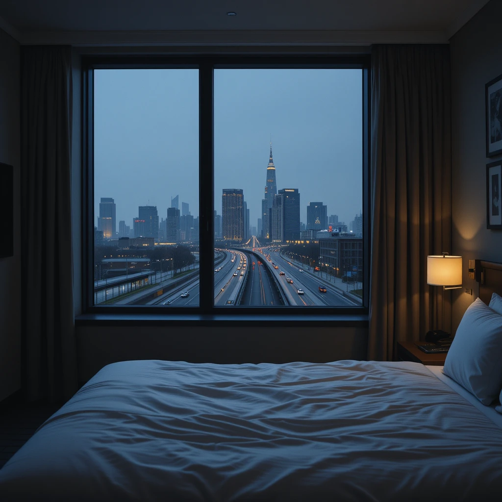 Dim hotel room with single bed and city view window