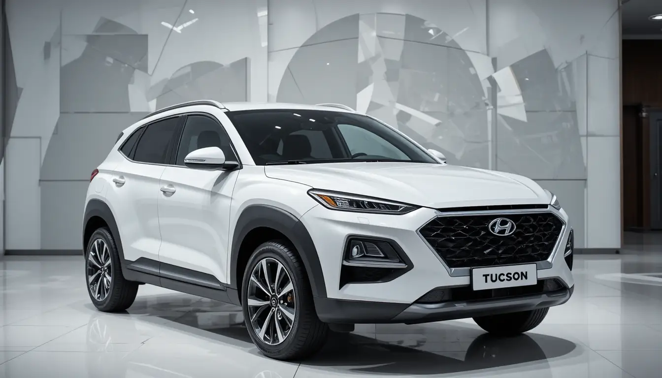 White Hyundai Tucson suv in modern car showroom