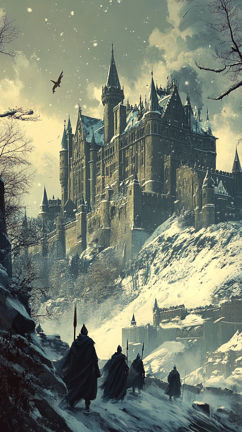 Castillo medieval y caballeros acorazados bajo un cielo invernal
