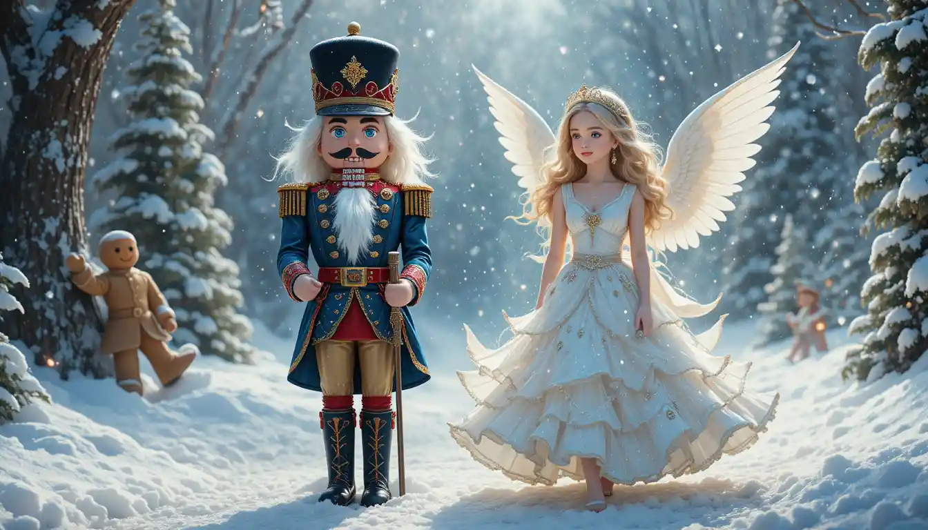 Ange de Noël et casse-noisette dans une scène festive enneigée
