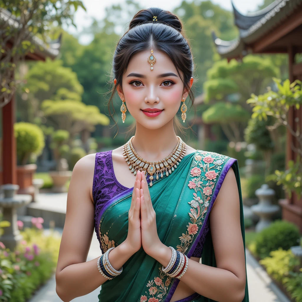 在小禪意花園中問候的微笑年輕女子