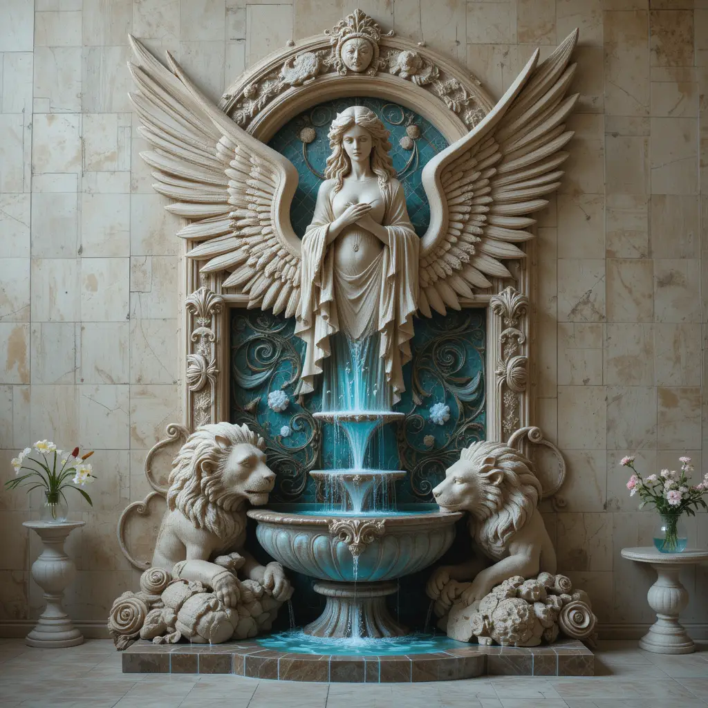 Winged Lion Wall Fountain With Celestial Goddess Relief