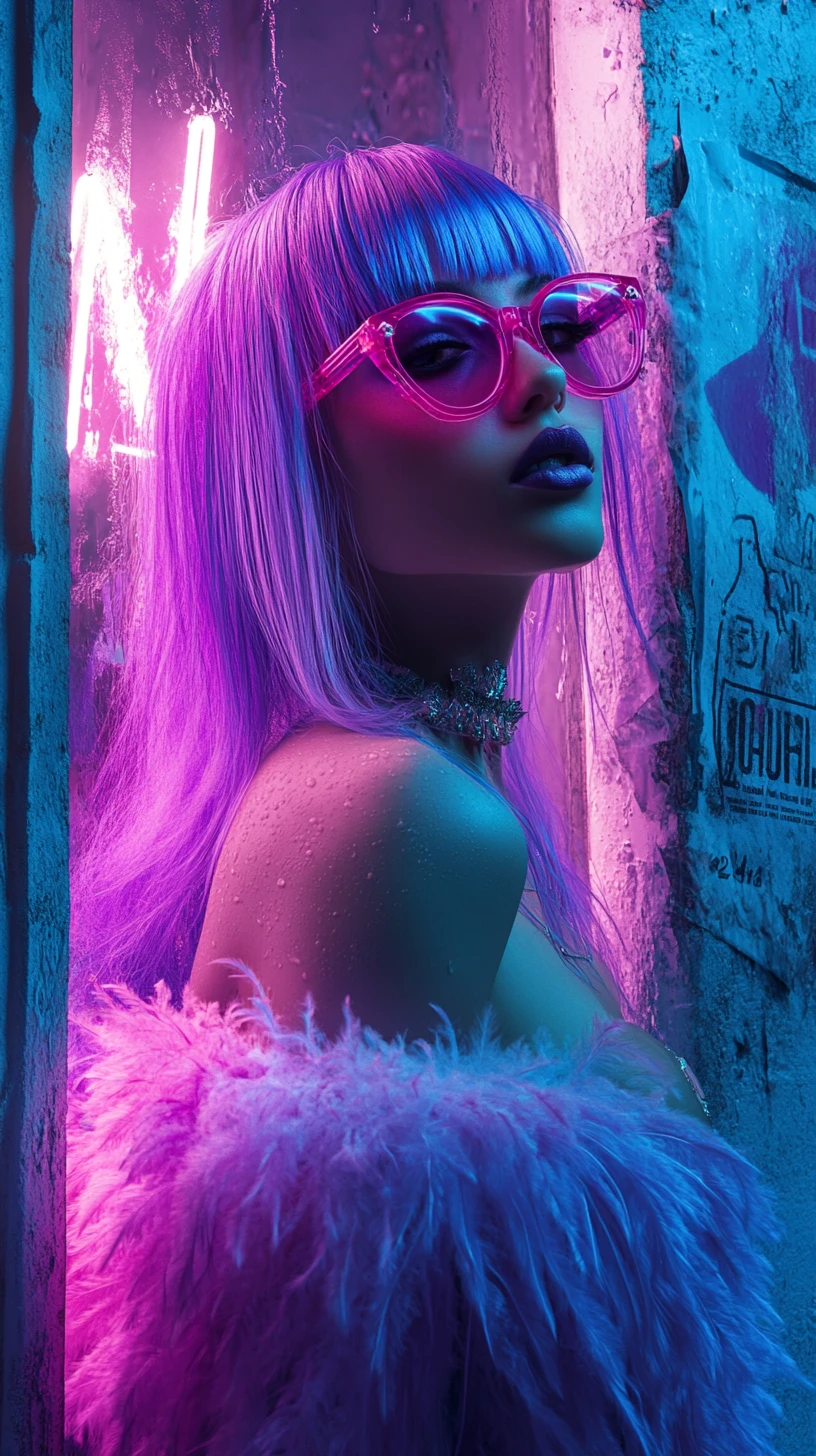 Donna fashion dai capelli viola in poster di vicolo neon cyberpunk