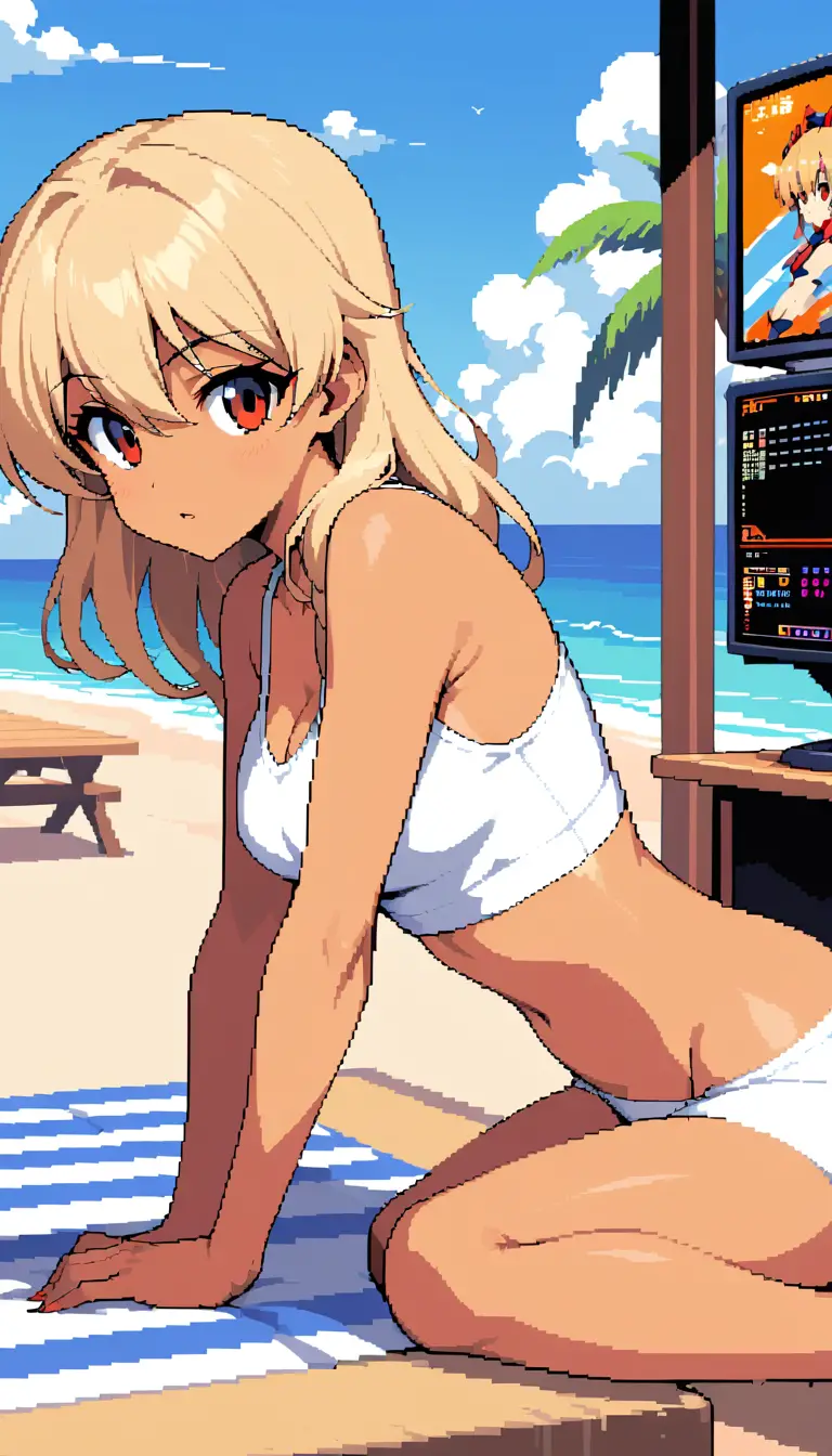 Mulher loira de anime em café de praia em estilo pixel art