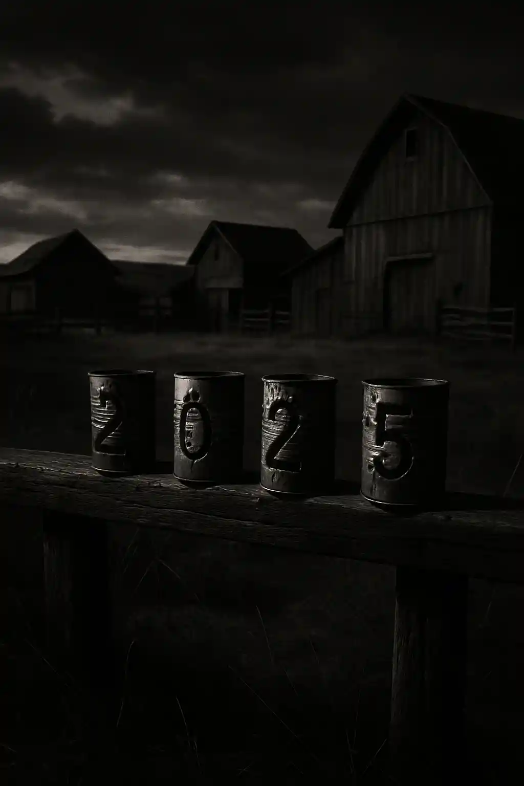 Rusty tin cans on a wooden beam at an old farm