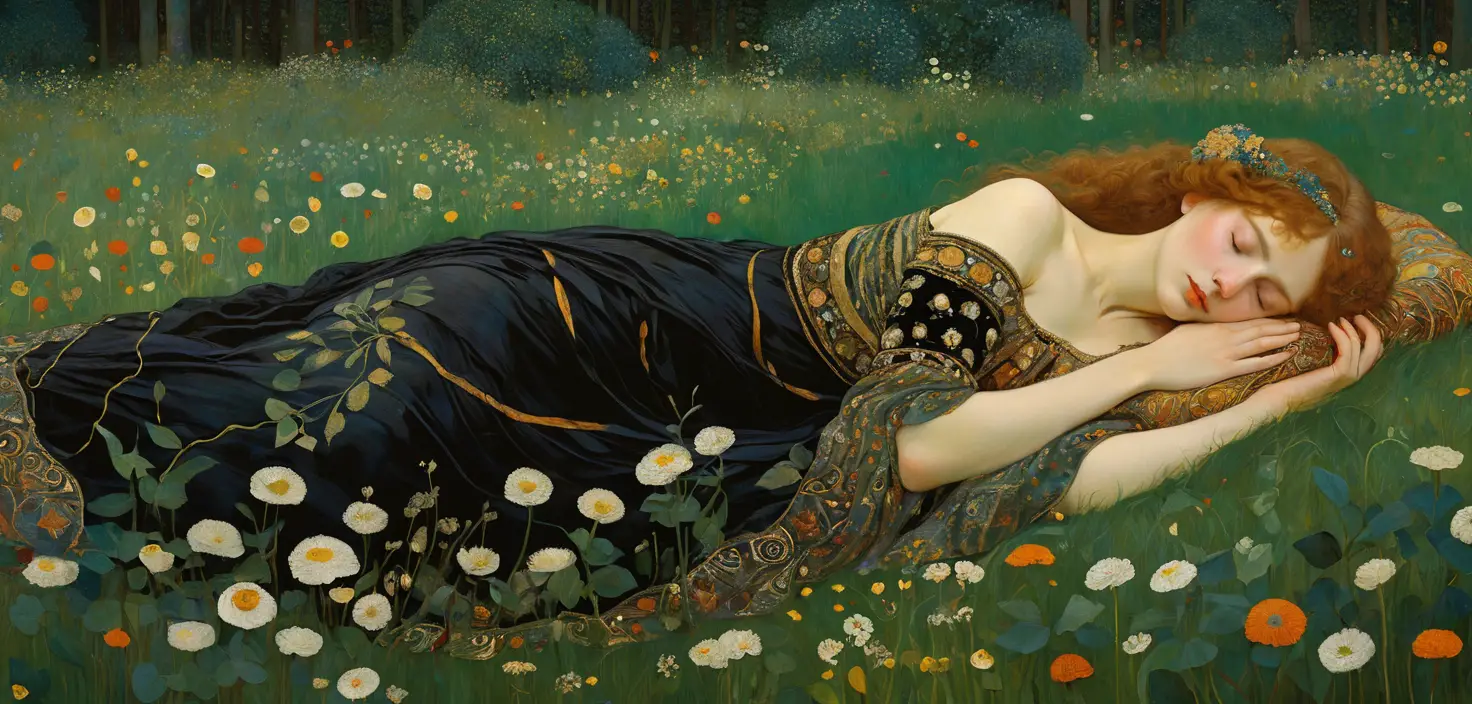 Sleeping woman in a lush meadow with gilded ornamental patterns
