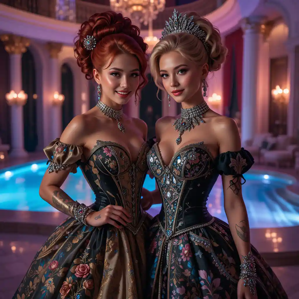 Two glamorous women greeting viewer at rococo costume party
