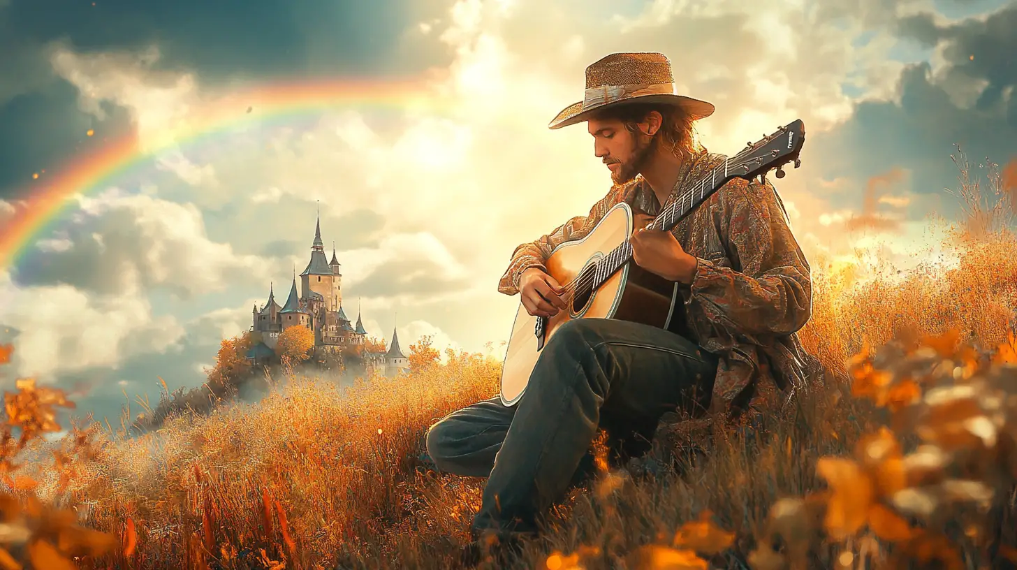 Wanderer Playing Guitar Before A Grand Medieval Castle