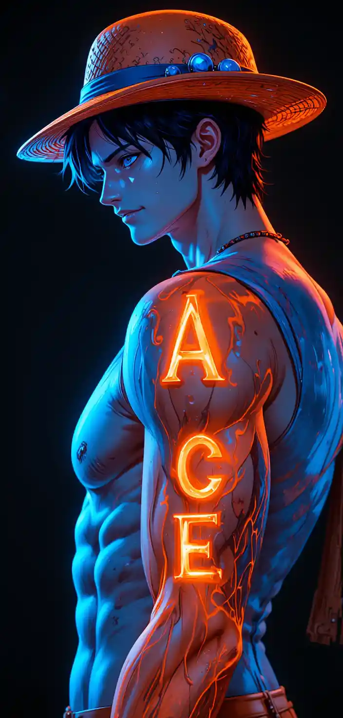 Neon anime portrait of a confident freckled man in profile