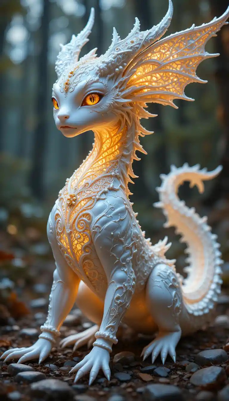 Bioluminescent Lace Dragon Creature On Enchanted Forest Floor