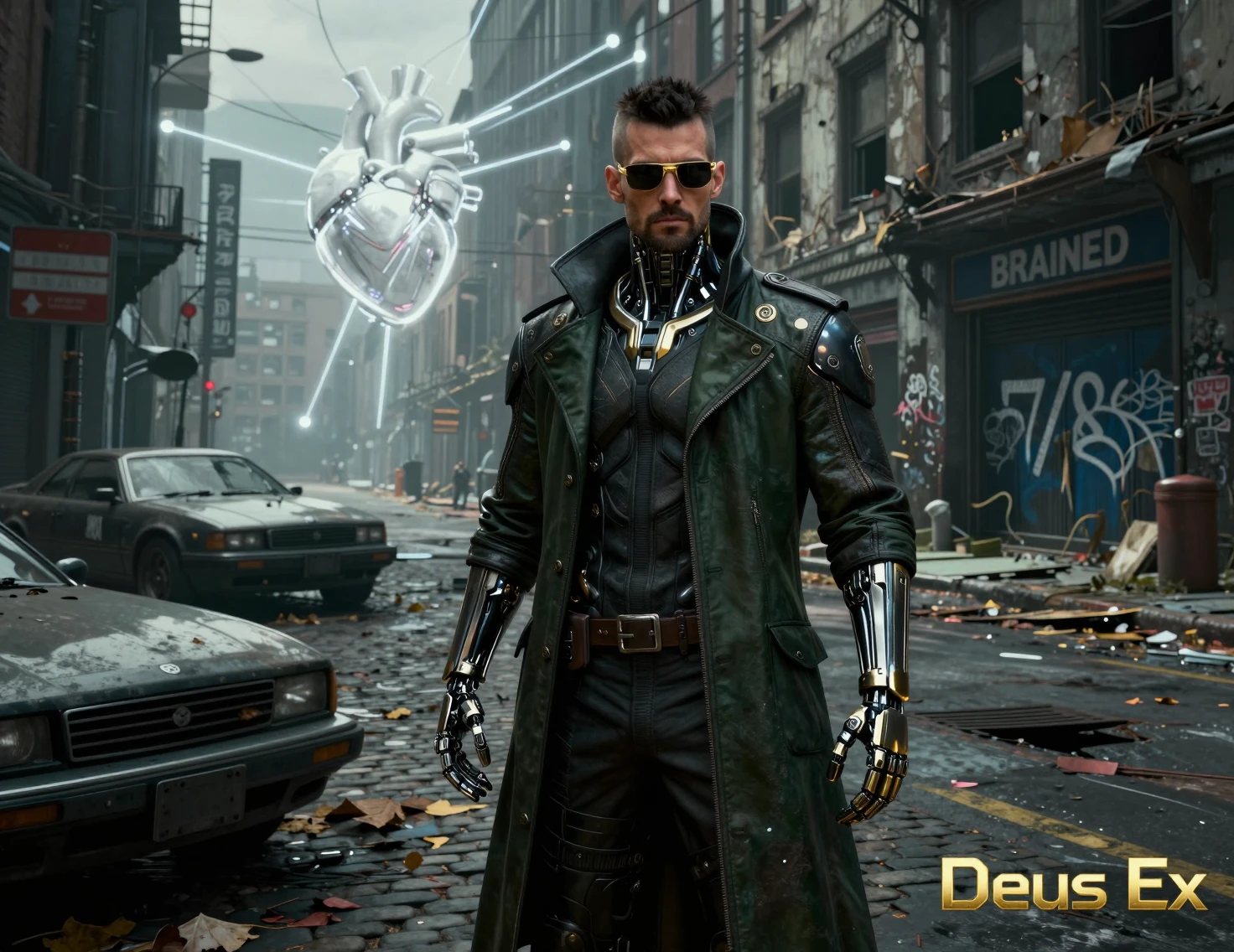 Detective potenziato in una strada cyberpunk distopica di ciottoli