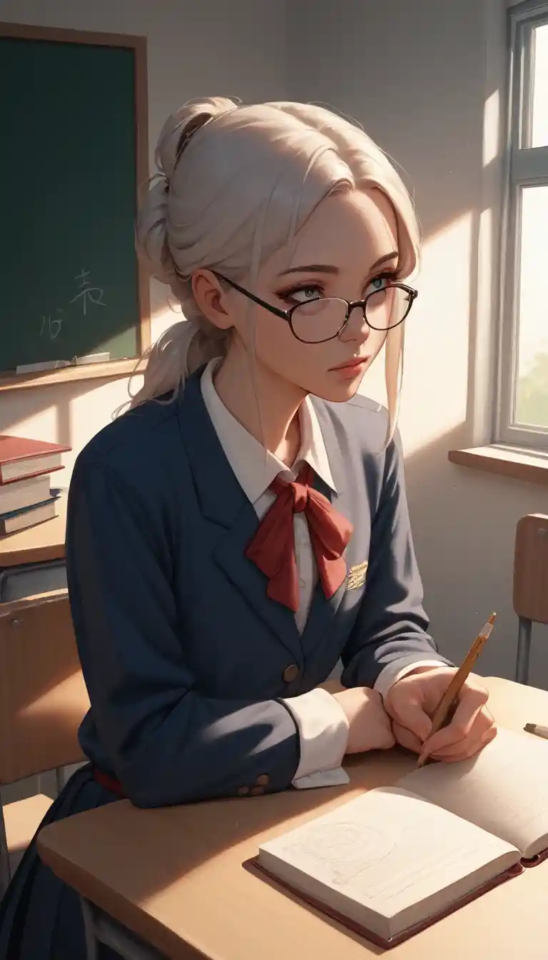 Japanese schoolgirl reading at a desk in dim classroom