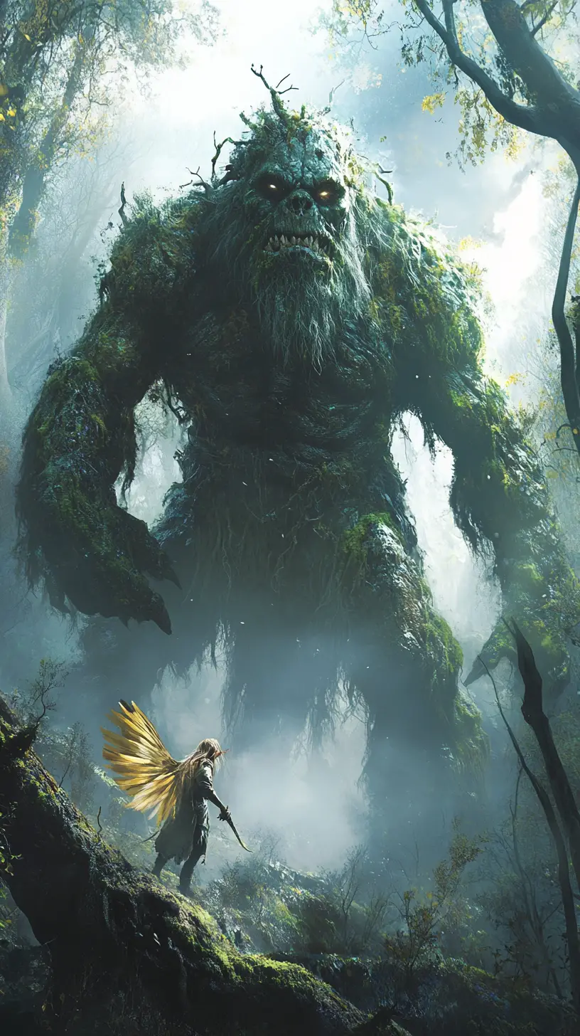 Moss covered troll emerging from a dark misty forest