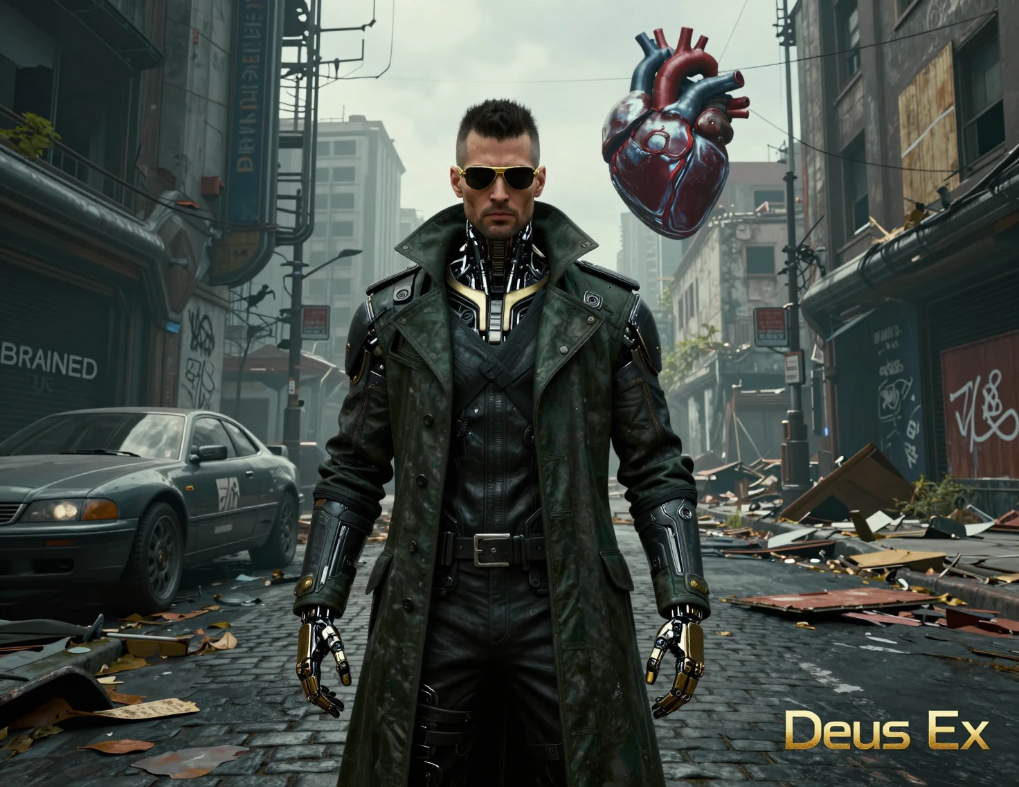 Détective cyberpunk augmenté dans une rue urbaine désolée