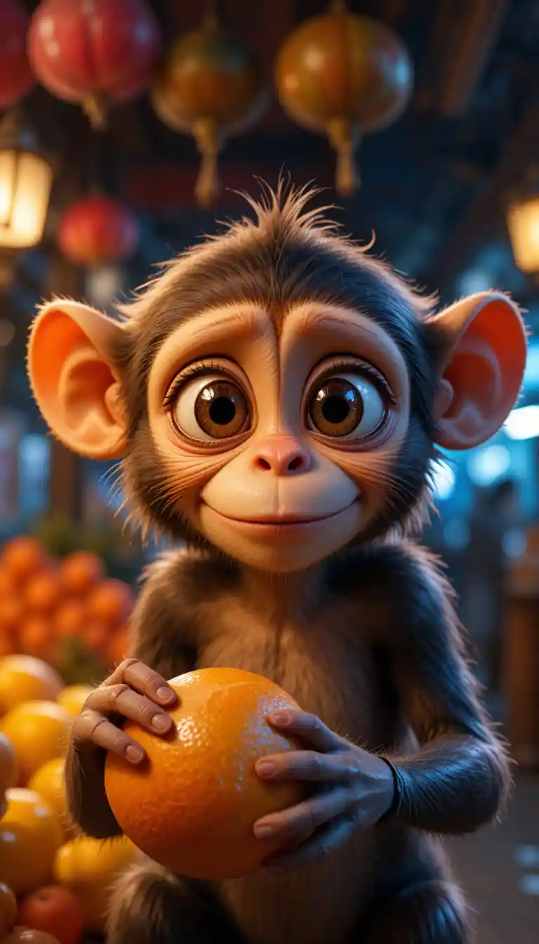 Sad eyed monkey holding an orange at night market