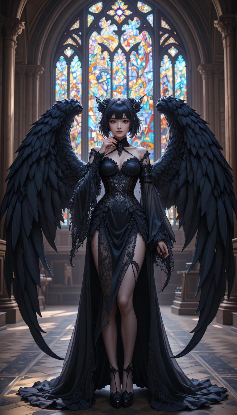Dark winged anime woman in grand gothic hall